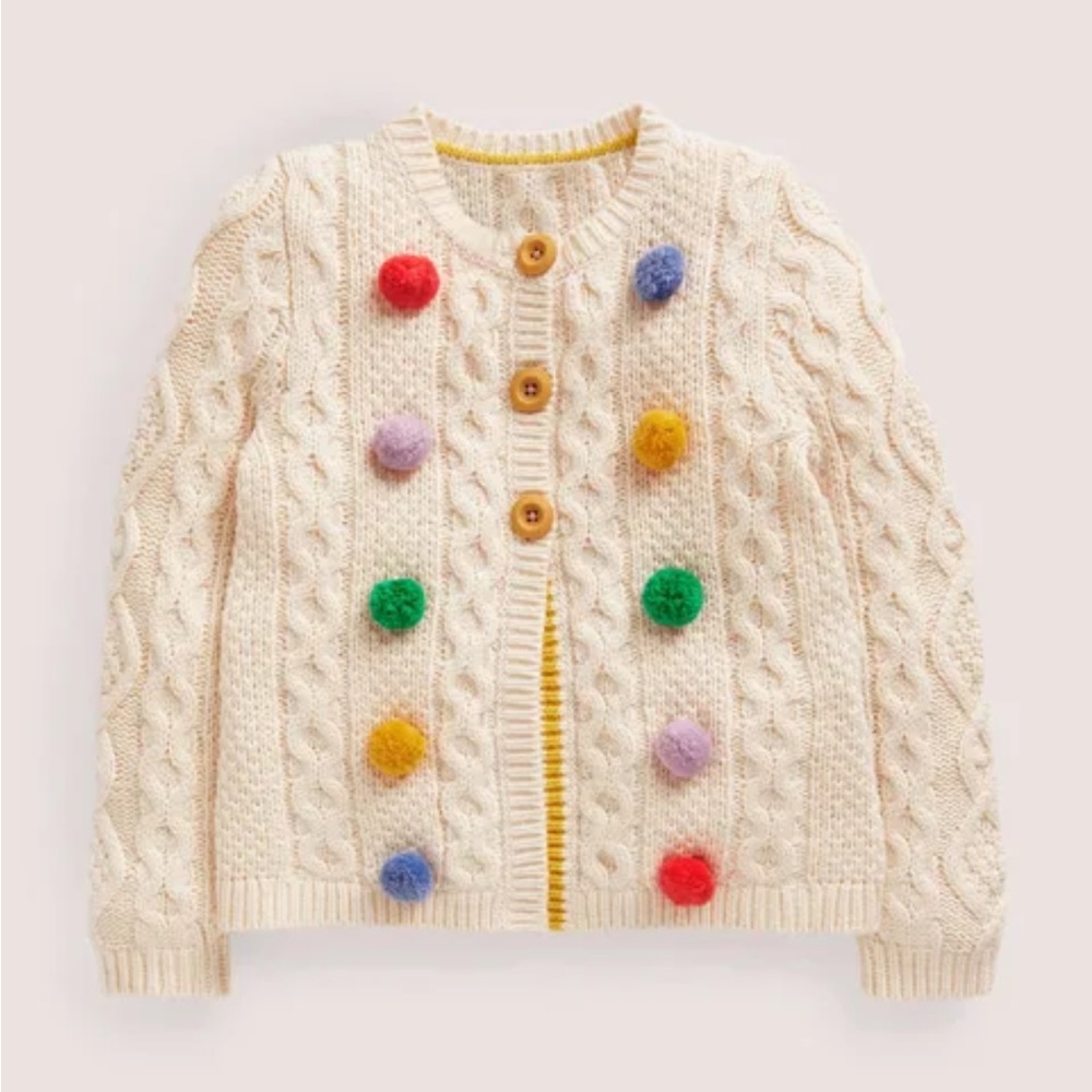 Ecru Marl Multi Pom Pom Cable Cardigan - 6/7